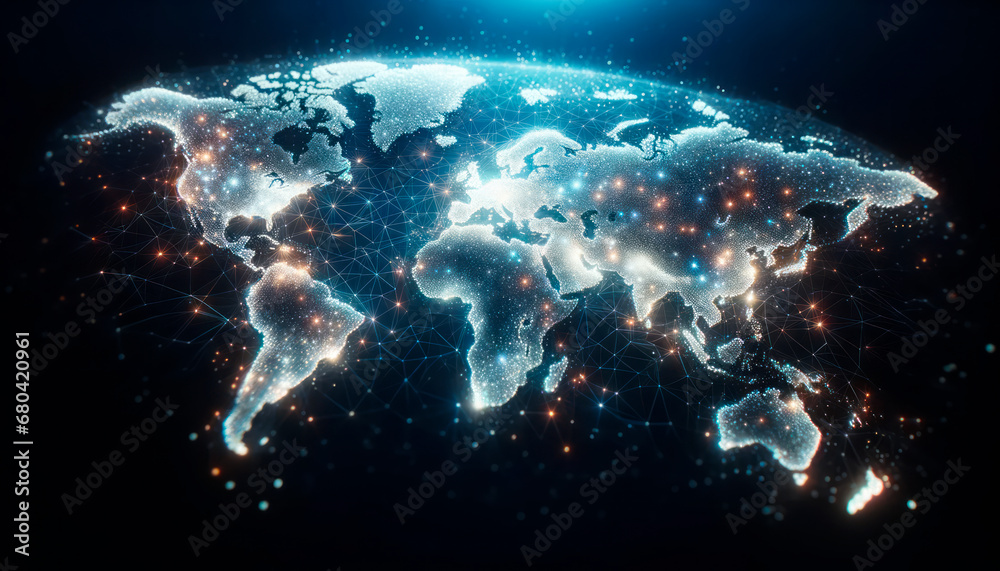 Aufkleber Digital world map with glowing contours and binary data stream. Technology and globalization concept. Generative AI