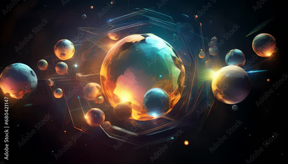 Poster planets surrounded by glowing lines and geometric shapes in space. abstract background and wallpaper