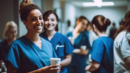 Female doctors drinking coffee while with colleagues in the background - obrazy, fototapety, plakaty