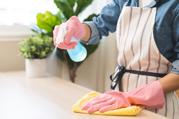Cleanliness asian young woman working chore cleaning on table at home, hand wearing glove using rag rub remove dust with spray bottle. Household hygiene clean up, cleaner, equipment tool for cleaning - obrazy, fototapety, plakaty