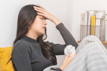 Seasonal sick, illness asian young, girl woman have headache expression weak, tired face under...