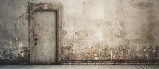 In the background, an abstract pattern emerged, with a textured vintage wall painted in a grunge white. The wallpaper peeled off, revealing a metal door, worn and old, adorned with an industry