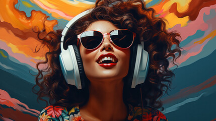 portrait of cute woman in headphones on a colored background