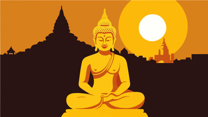 The image is a vector illustration of Thailand, featuring a cityscape with a Thai Buddha. The image's color palette is dominated by golden tones, reminiscent of a sunset. The overall atmosphere of the