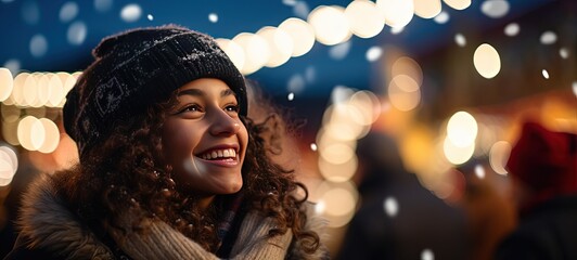 happy Mexican woman closeup portrait smiling at Christmas festival at night time with bokeh light, winter fun fair happiness time, Generative Ai - obrazy, fototapety, plakaty