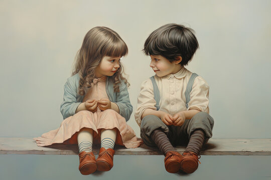 young boy and girl sitting together, talking and make friend, Generative Ai