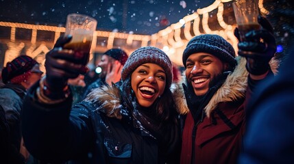 happy African American couple woman and man cheer up glass of hot beverage smiling at Christmas...