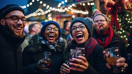 group of men and women travel together attend winter festival at night time, fun and happy time with bokeh light, divers people friendship,  Generative Ai - obrazy, fototapety, plakaty