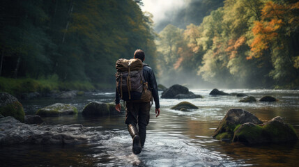 Jungle Adventure. Hiking man walking across the river on the trail - obrazy, fototapety, plakaty