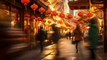 Fototapeta na wymiar Long exposure shot of crowds walking on bright New Year streets, Chinatown, fast movement, blur, Chinese paper lanterns, lanterns