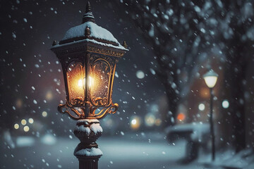 Illuminated street lantern in the park under the falling snow. Winter landscape. Generative AI	