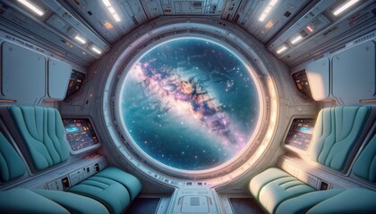 Advanced spaceship cockpit design with a circular viewport providing a stellar backdrop of stars