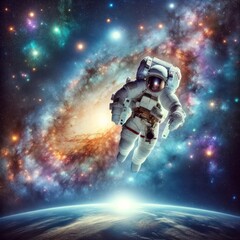 Fototapeta premium A relaxed astronaut floats in the vastness of space with a colorful galaxy as the backdrop