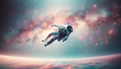 An astronaut drifts peacefully against a backdrop of a vibrant cosmic nebula and starry sky