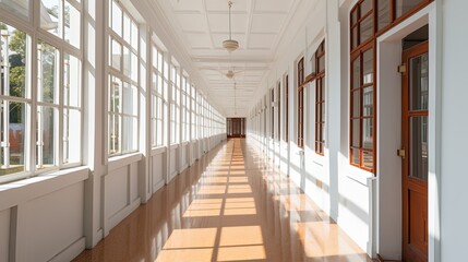 long corridor way with sunlight shine through windows, Generative Ai - obrazy, fototapety, plakaty