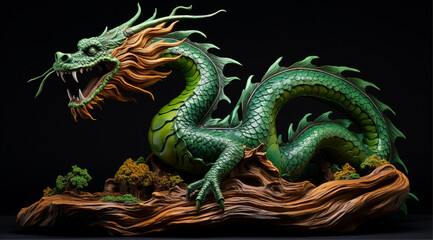 Fototapeta premium green dragon on a wooden log, 2024 New Year dragon symbol Chinese New Year