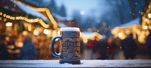 close up beer mug on table with winter faun fair bokeh light as background, Generative Ai