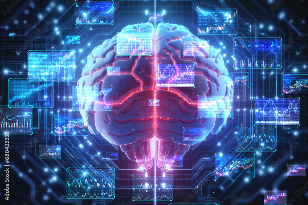 Poster Illuminated brain circuits with stock market projections. Generative AI
