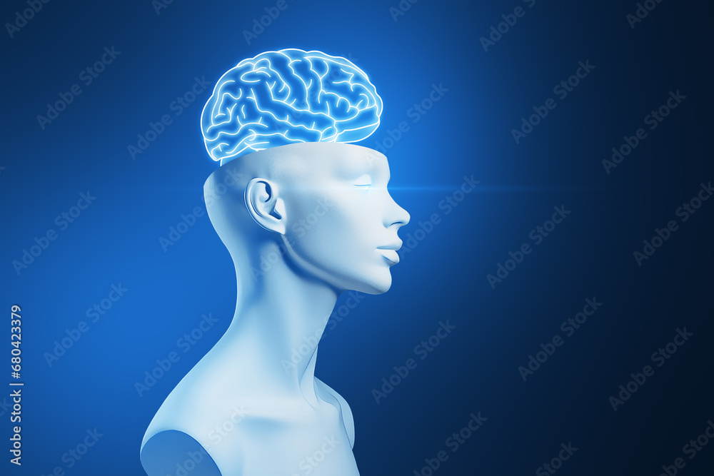 Poster Lateral view of a transparent head with a glowing brain, Generative AI