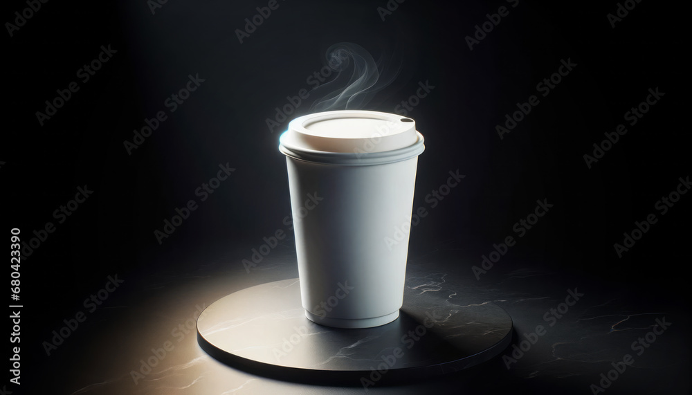 Poster paper coffee cup mockup on a circular platform, sleek design in a dark setting. generative ai