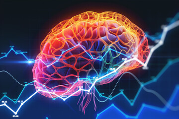 Brain anatomy with financial data overlay. Generative AI - obrazy, fototapety, plakaty