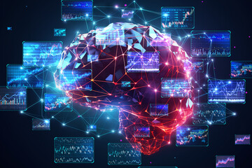 Digital brain with floating market analysis screens. Generative AI
