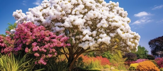 In the background of a beautiful garden, a white tree stood tall amidst an array of colorful flora, enhancing the beauty of the spring season with its vibrant flowers against the blue sky.