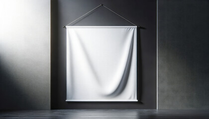 Single textured banner hanging in a dimly lit gallery space. Modern art. Generative AI