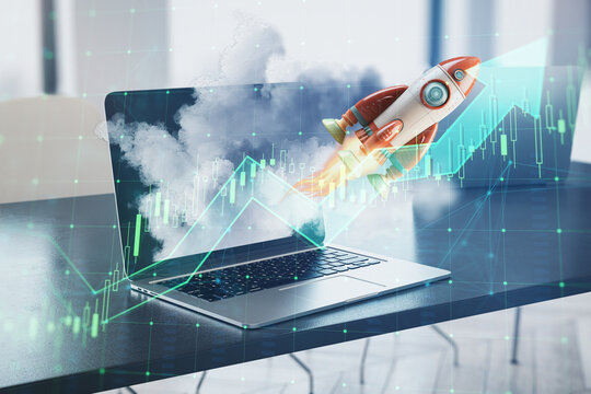 Laptop displaying rocket launch with stock market graph. Generative AI
