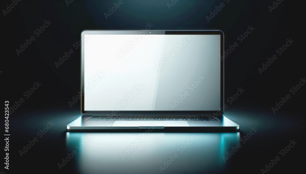 Poster futuristic laptop with a glowing screen on a dark background, suitable for high-tech mockups. genera