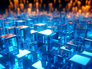 Obraz premium Blue crystalline cubes rising like skyscrapers. Futuristic city concept on dark background. Generative AI