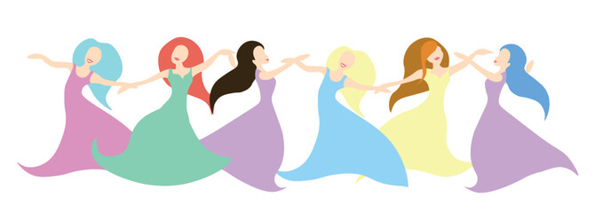 Vector illustration of colorful women holding hands and dancing,