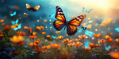 Background valley of flower garden with colorful butterflies - obrazy, fototapety, plakaty