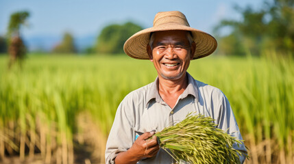 Smiling elderly farmer holding rice plant sitting in rice field. Farmer harvest of the rice field in harvest season.