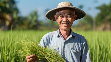 Smiling elderly farmer holding rice plant sitting in rice field. Farmer harvest of the rice field in harvest season. - obrazy, fototapety, plakaty