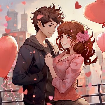Cartoon illustration of kissing couple, Valentine’s Day 