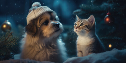 Cute Cat and Dog in a knitted hat and sitting under a Christmas tree. Christmas and New Year Background background. Christmas Pets and Animal