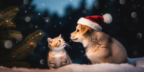 Fototapeta na wymiar Cute Dog in Santa Hat and Red Cat and Christmas Tree in snow. Christmas background. Christmas Pets and Animal