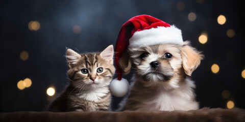 Fototapeta na wymiar Cat and Dog in Santa Claus hat. Christmas Animals and Pets. Cute Little Kitten and Puppy in Santa Hat on Christmas Lights background