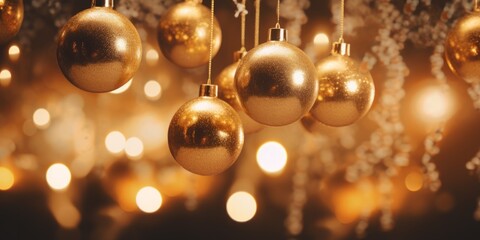 Fototapeta na wymiar Golden christmas lights background with gold balls. Selective focus, bokeh, copy space, wallpaper, banner