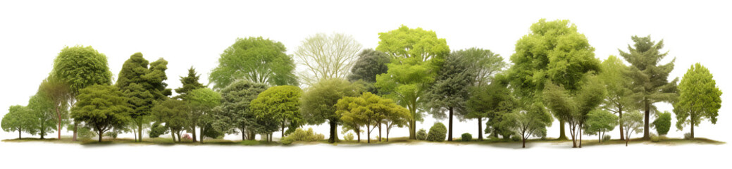 Fototapeta na wymiar Many different types of trees on a transparent background, gardenscapes, panorama