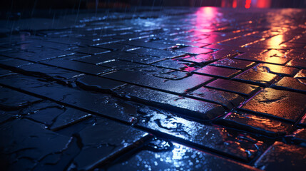 Close up view of rain-slicked city pavement, capturing the reflection of neon lights at night and...