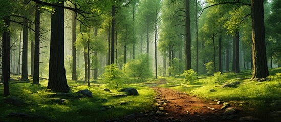background of the picturesque landscape, a lush and vibrant forest stood tall, with trees adorned...