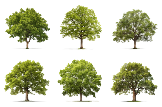 Set of a different types of trees: apple,  beech, elm, linden, maple, oak, isolated on a transparent background