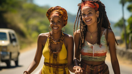 Two girlfriends walk along the road in the Caribbean islands