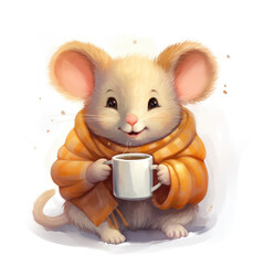 Cute mouse with a scarf and tea. Christmas atmosphere . Generative AI