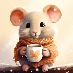 Cute mouse with a scarf and tea. Christmas atmosphere . Generative AI