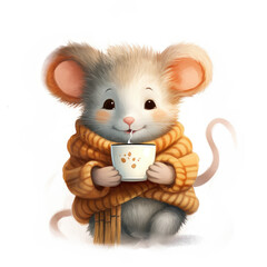 Cute mouse with a scarf and tea. Christmas atmosphere . Generative AI