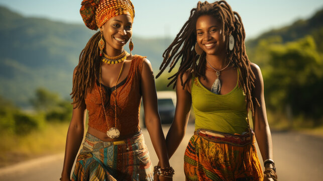 Two girlfriends walk along the road in the Caribbean islands
