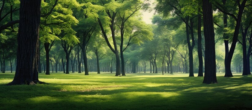 background, a lush landscape of flourishing grass and towering trees fill the forest, creating a serene and green environment. Natures work of art paints a picture of a rejuvenating park, where old